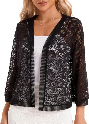 BENANCY Women's Lace Cardigans 3/4 Sleeve Open Front Cover Up Jacket