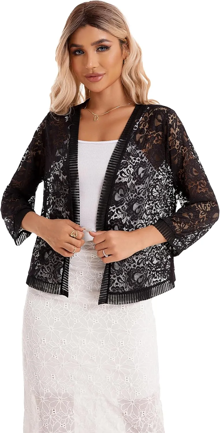 BENANCY Women's Lace Cardigans 3/4 Sleeve Open Front Cover Up Jacket