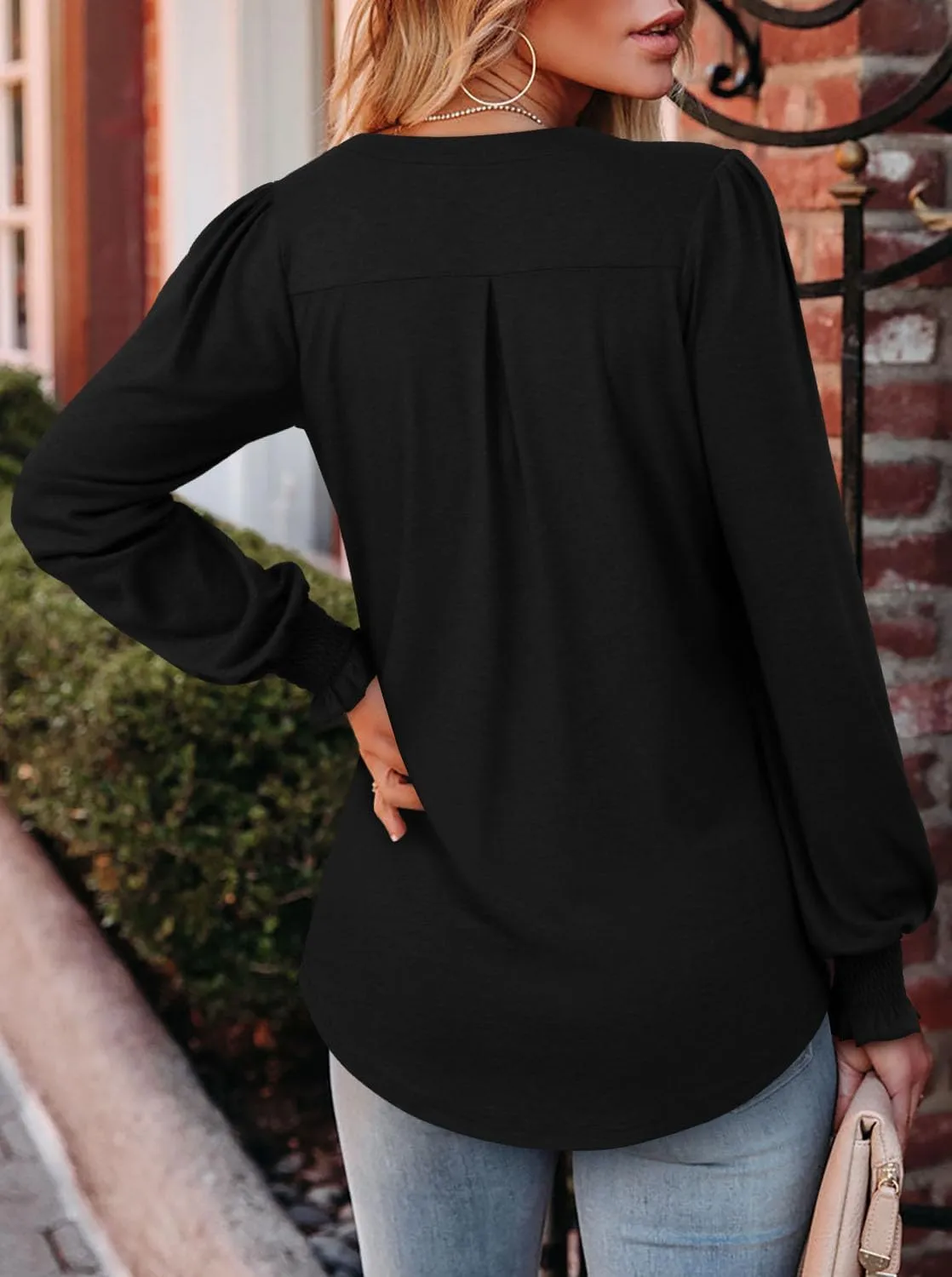 BETTE BOUTIK Long Sleeve Shirts for Women Fall Tops Dressy Blouses Pleated V Neck Tunic Tops for Leggings S-3XL