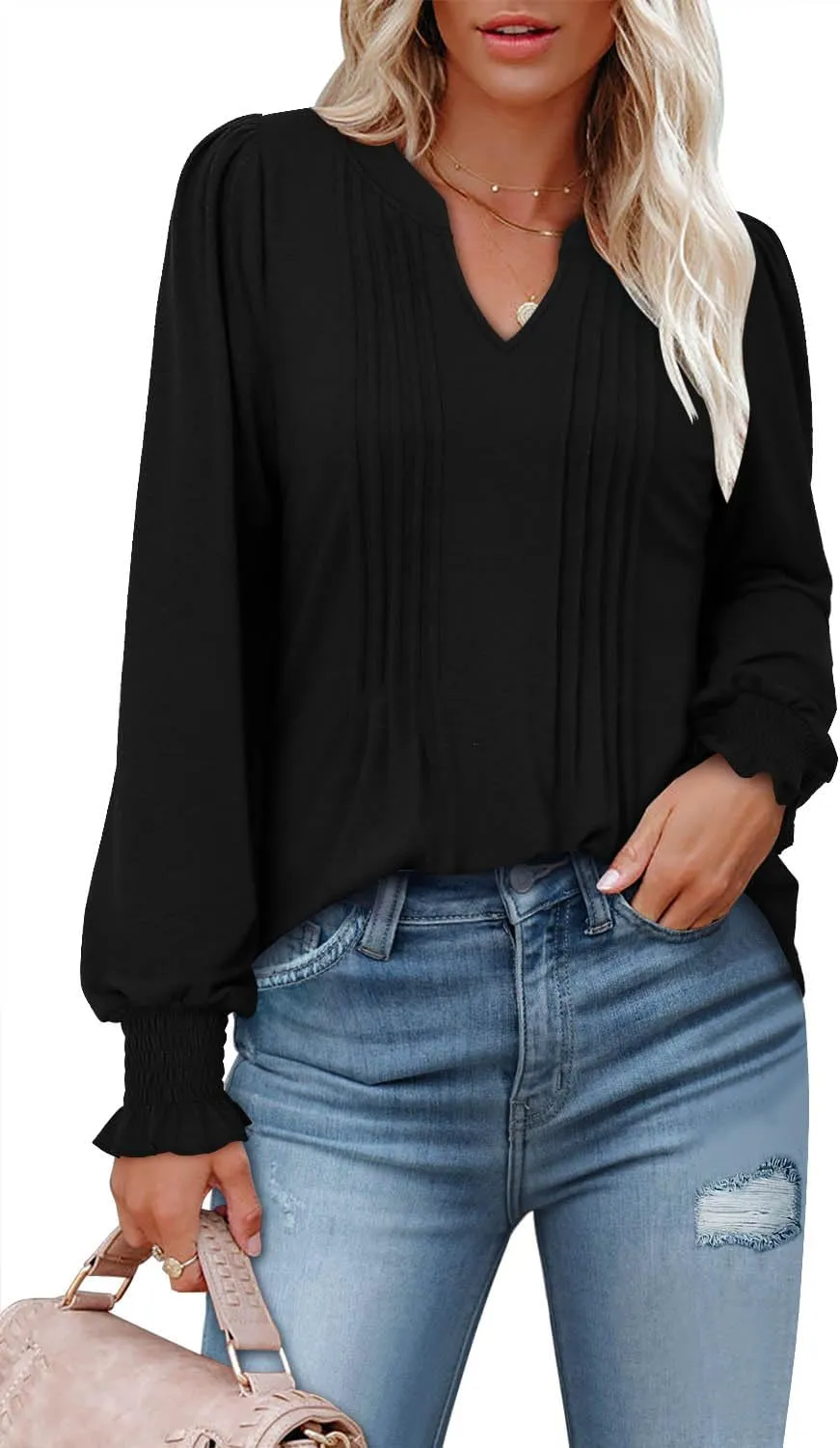 BETTE BOUTIK Long Sleeve Shirts for Women Fall Tops Dressy Blouses Pleated V Neck Tunic Tops for Leggings S-3XL