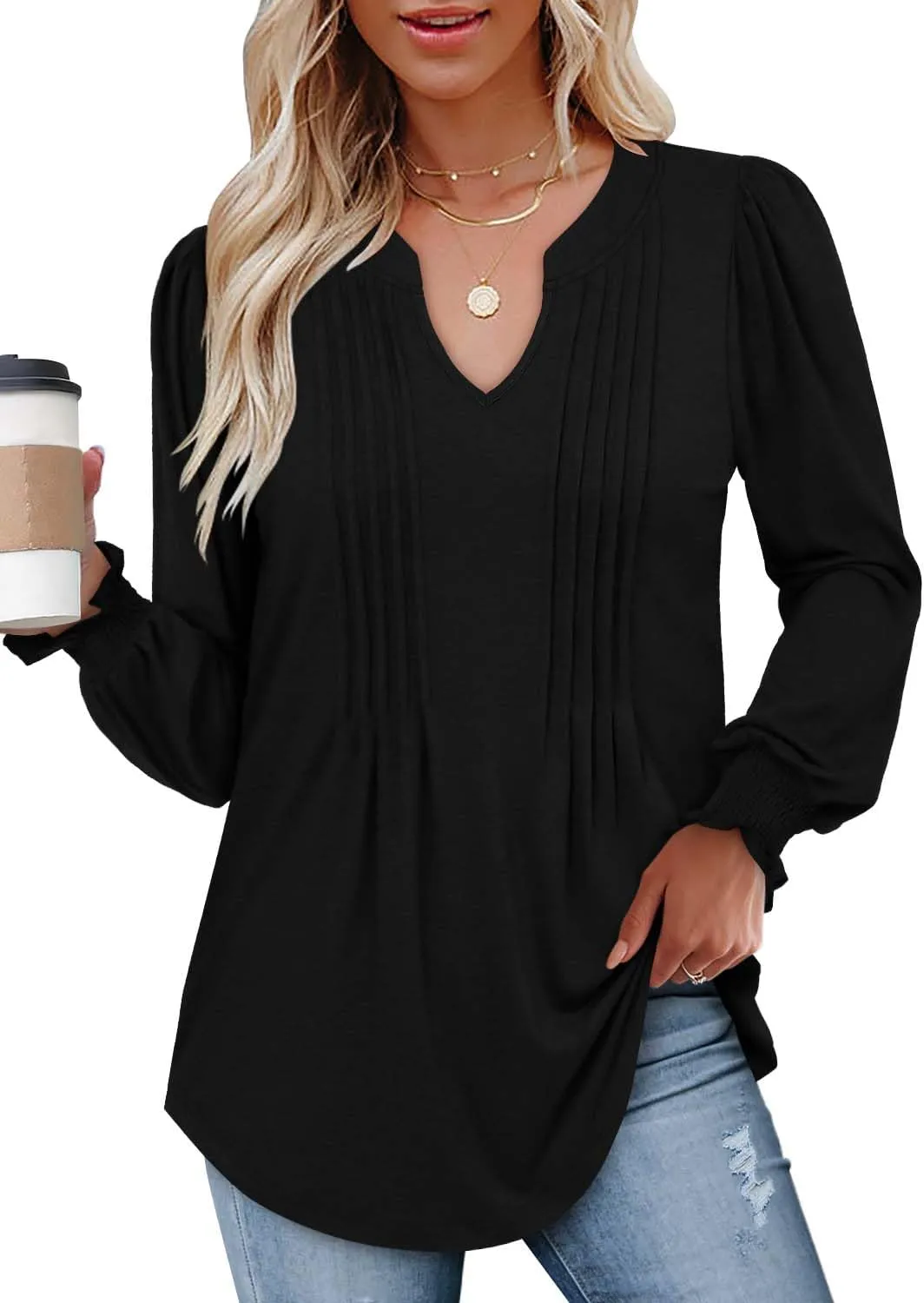 BETTE BOUTIK Long Sleeve Shirts for Women Fall Tops Dressy Blouses Pleated V Neck Tunic Tops for Leggings S-3XL