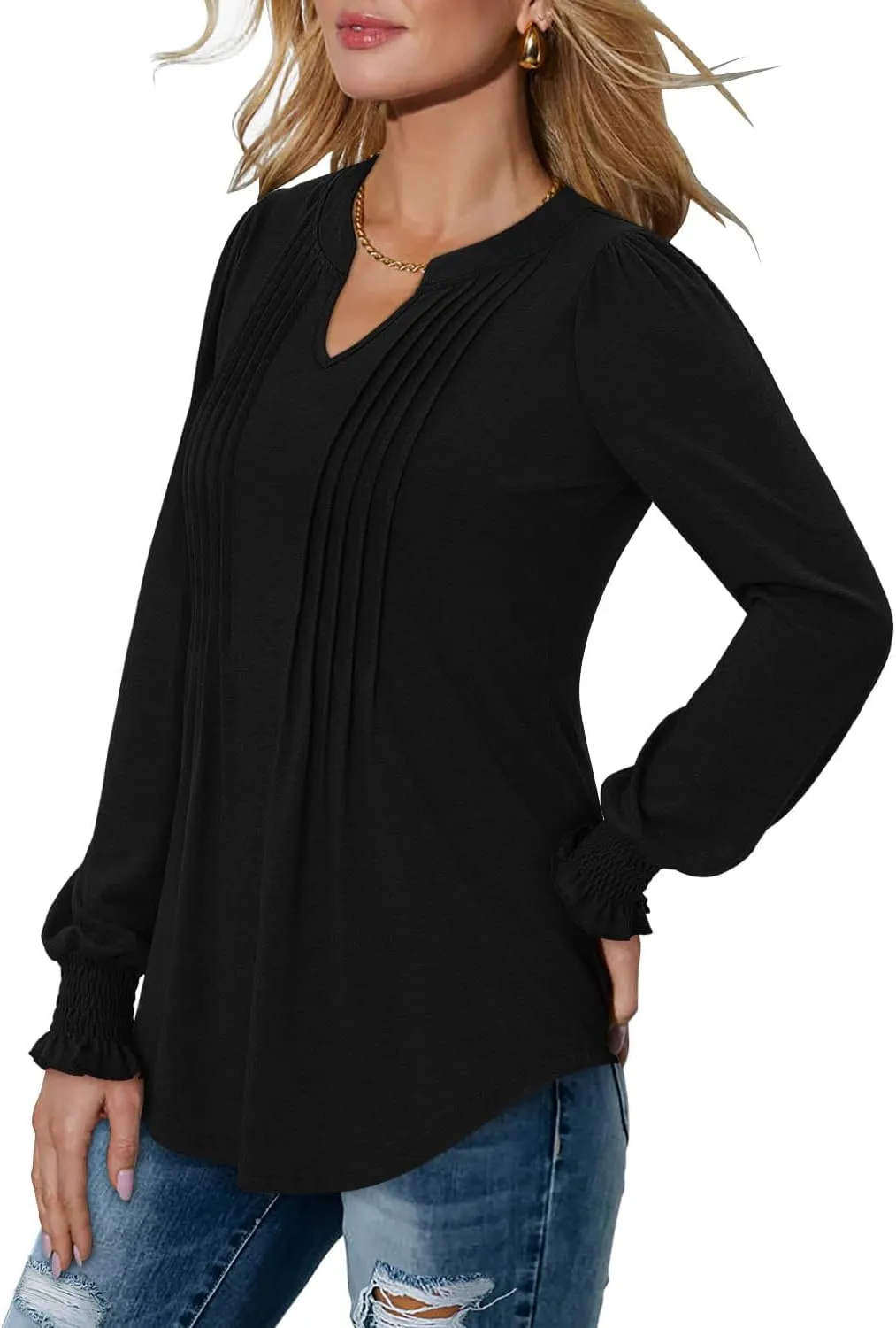 BETTE BOUTIK Long Sleeve Shirts for Women Fall Tops Dressy Blouses Pleated V Neck Tunic Tops for Leggings S-3XL