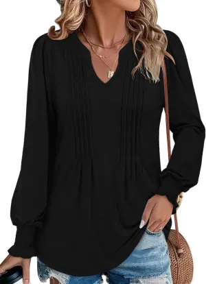 BETTE BOUTIK Long Sleeve Shirts for Women Fall Tops Dressy Blouses Pleated V Neck Tunic Tops for Leggings S-3XL