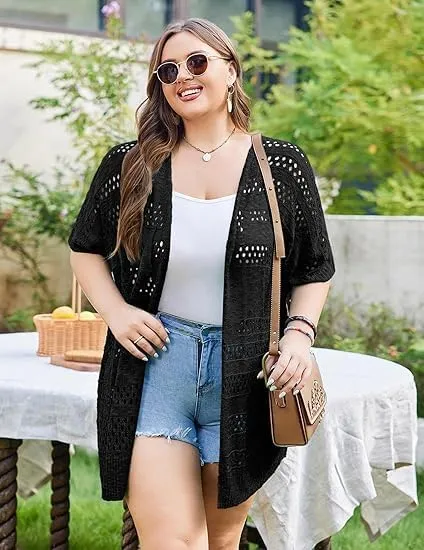 Beyove Plus Size Women Short Sleeve Summer Kimonos Boho Open Front Knitted Cardigans