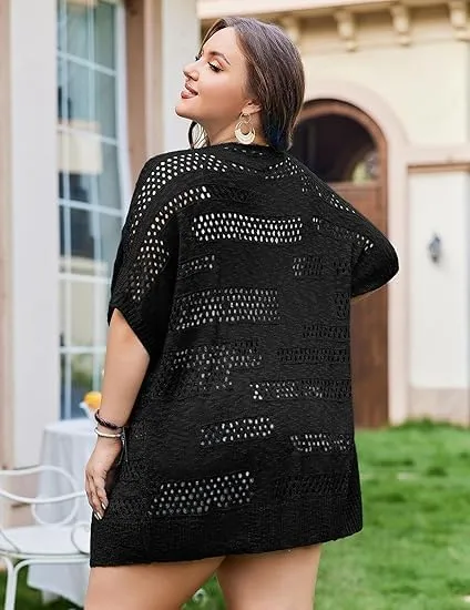 Beyove Plus Size Women Short Sleeve Summer Kimonos Boho Open Front Knitted Cardigans