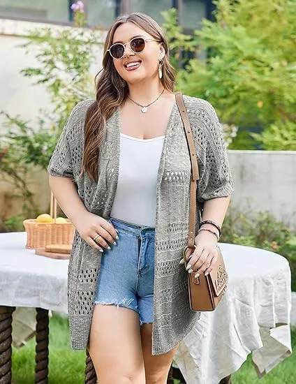 Beyove Plus Size Women Short Sleeve Summer Kimonos Boho Open Front Knitted Cardigans