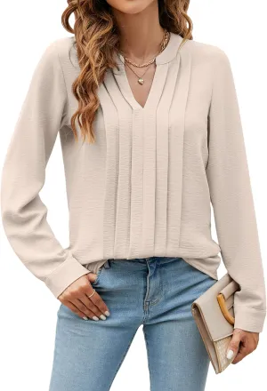 Blooming Jelly Women's Dressy Casual Blouses Business Work Tops Long Sleeve V Neck Pleated Shirts 2025 Fall Outfits