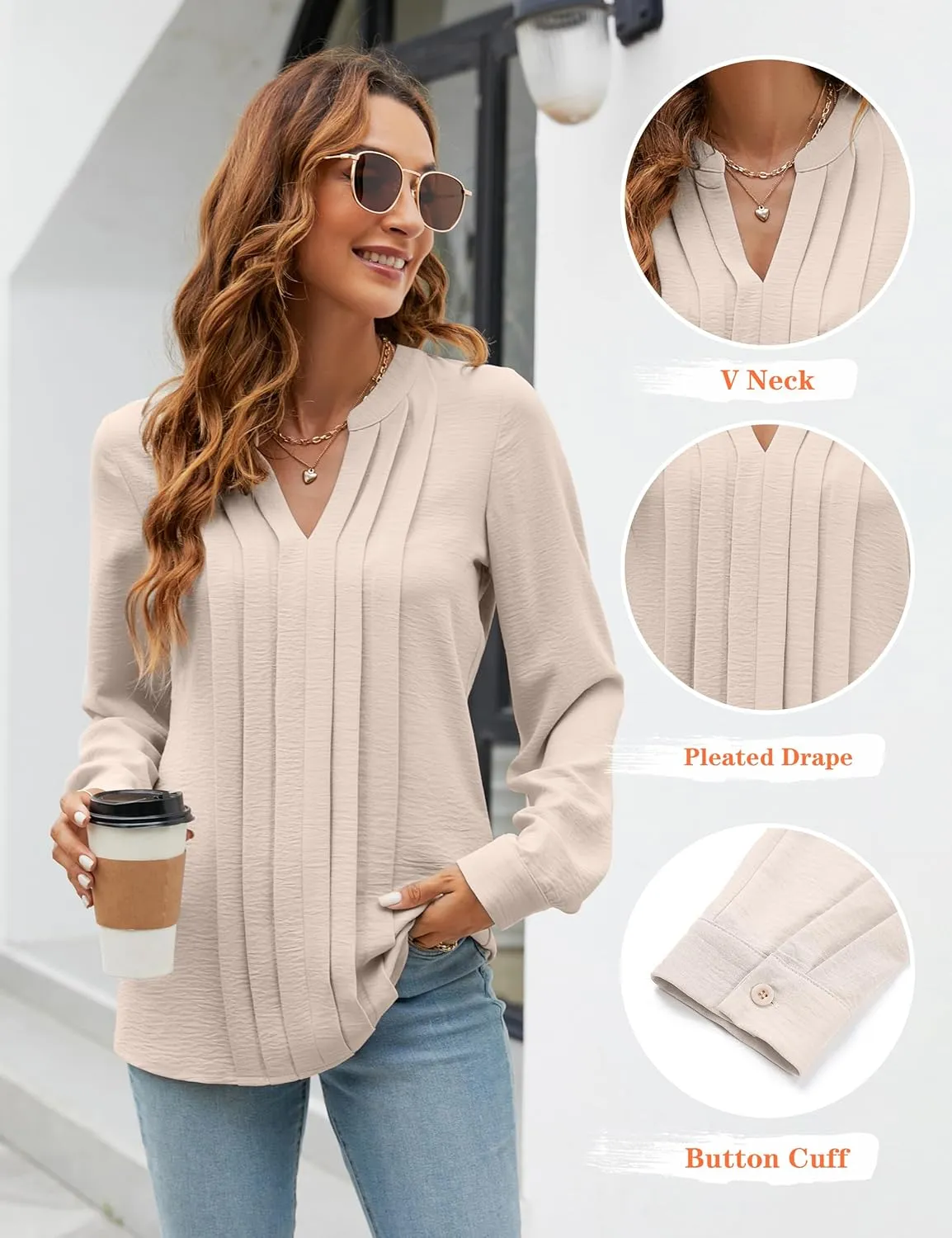 Blooming Jelly Women's Dressy Casual Blouses Business Work Tops Long Sleeve V Neck Pleated Shirts 2025 Fall Outfits