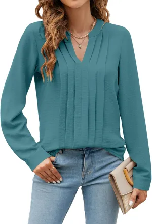 Blooming Jelly Women's Dressy Casual Blouses Business Work Tops Long Sleeve V Neck Pleated Shirts 2025 Fall Outfits