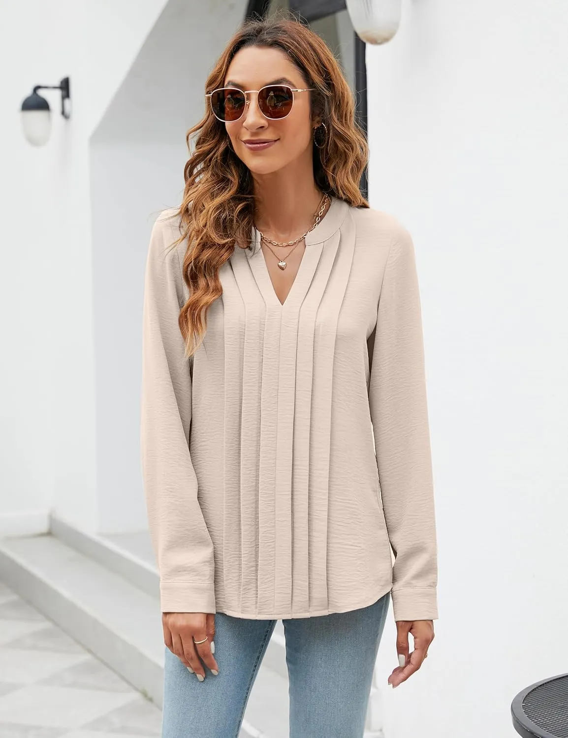 Blooming Jelly Women's Dressy Casual Blouses Business Work Tops Long Sleeve V Neck Pleated Shirts 2025 Fall Outfits