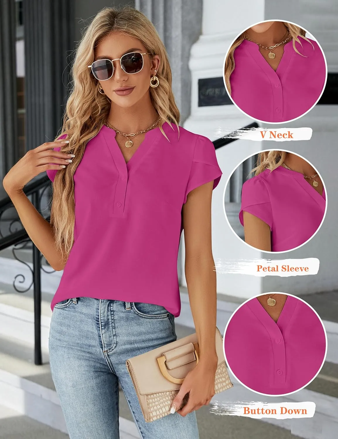 Blooming Jelly Women's Dressy Casual Tops Business Work Blouses White Button Down Shirts Cap Sleeve V Neck Tshirt