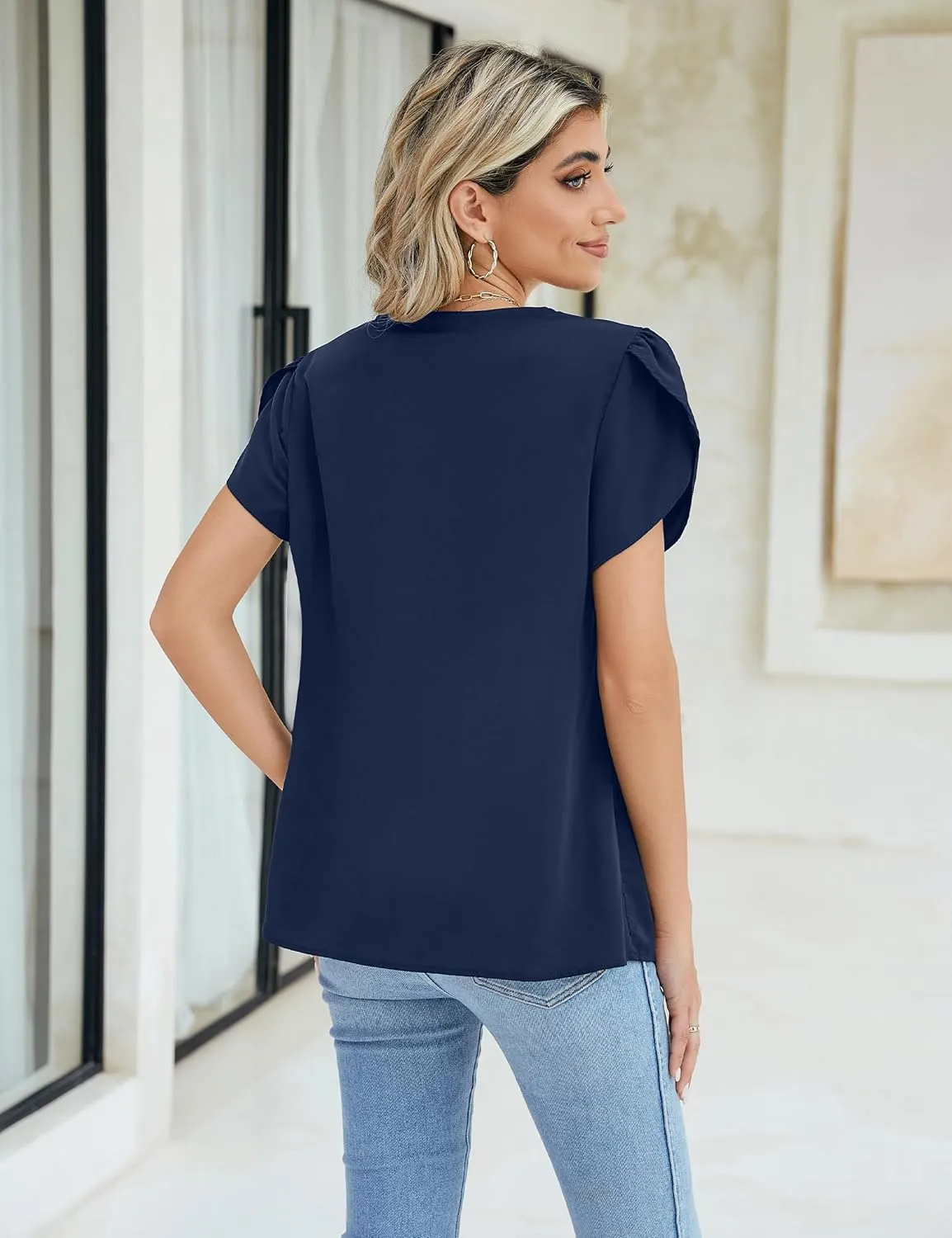 BMJL Women's Dressy Casual Blouses White Business Work Tops Petal Short Sleeve V Neck T Shirt Summer Outfits 2024