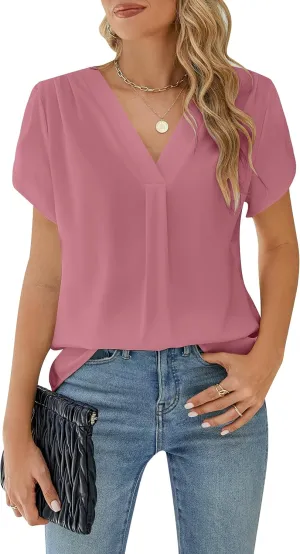 BMJL Women's Dressy Casual Blouses White Business Work Tops Petal Short Sleeve V Neck T Shirt Summer Outfits 2024