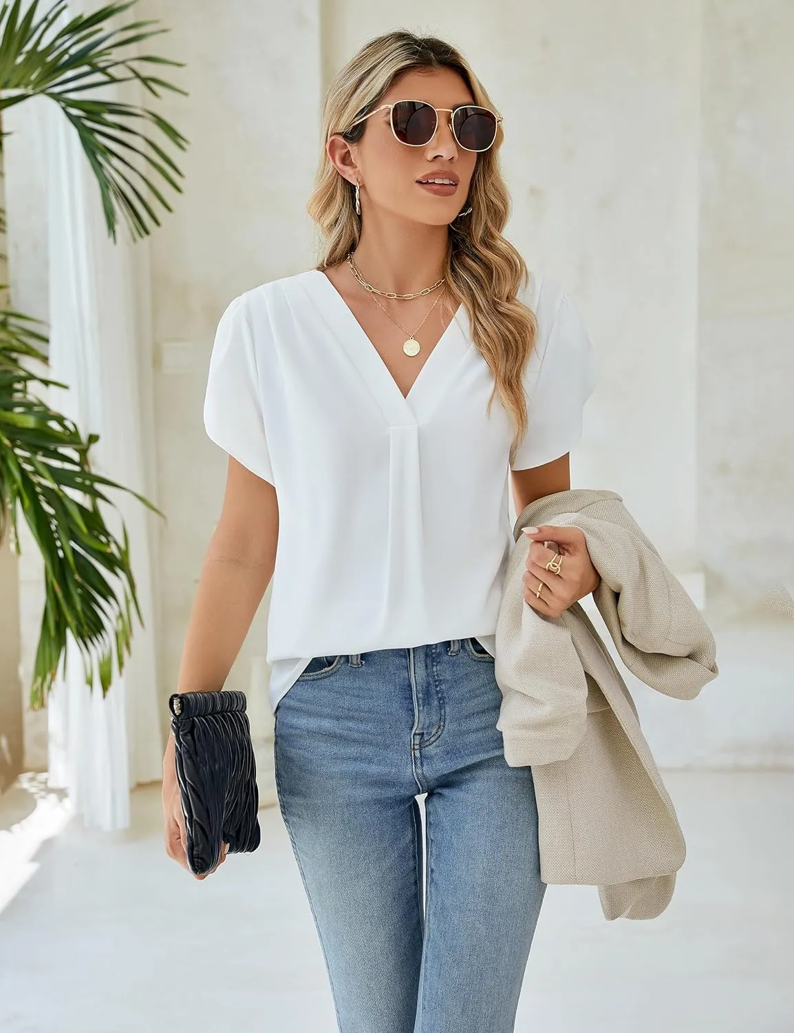 BMJL Women's Dressy Casual Blouses White Business Work Tops Petal Short Sleeve V Neck T Shirt Summer Outfits 2024