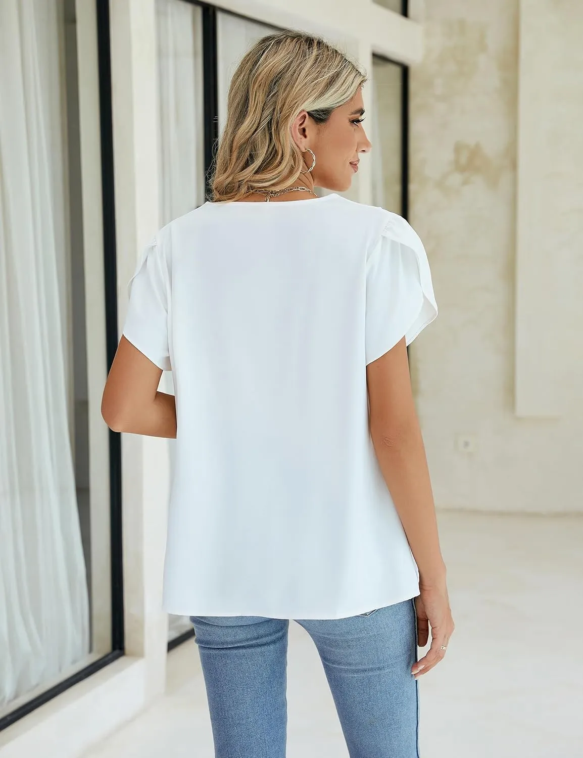 BMJL Women's Dressy Casual Blouses White Business Work Tops Petal Short Sleeve V Neck T Shirt Summer Outfits 2024