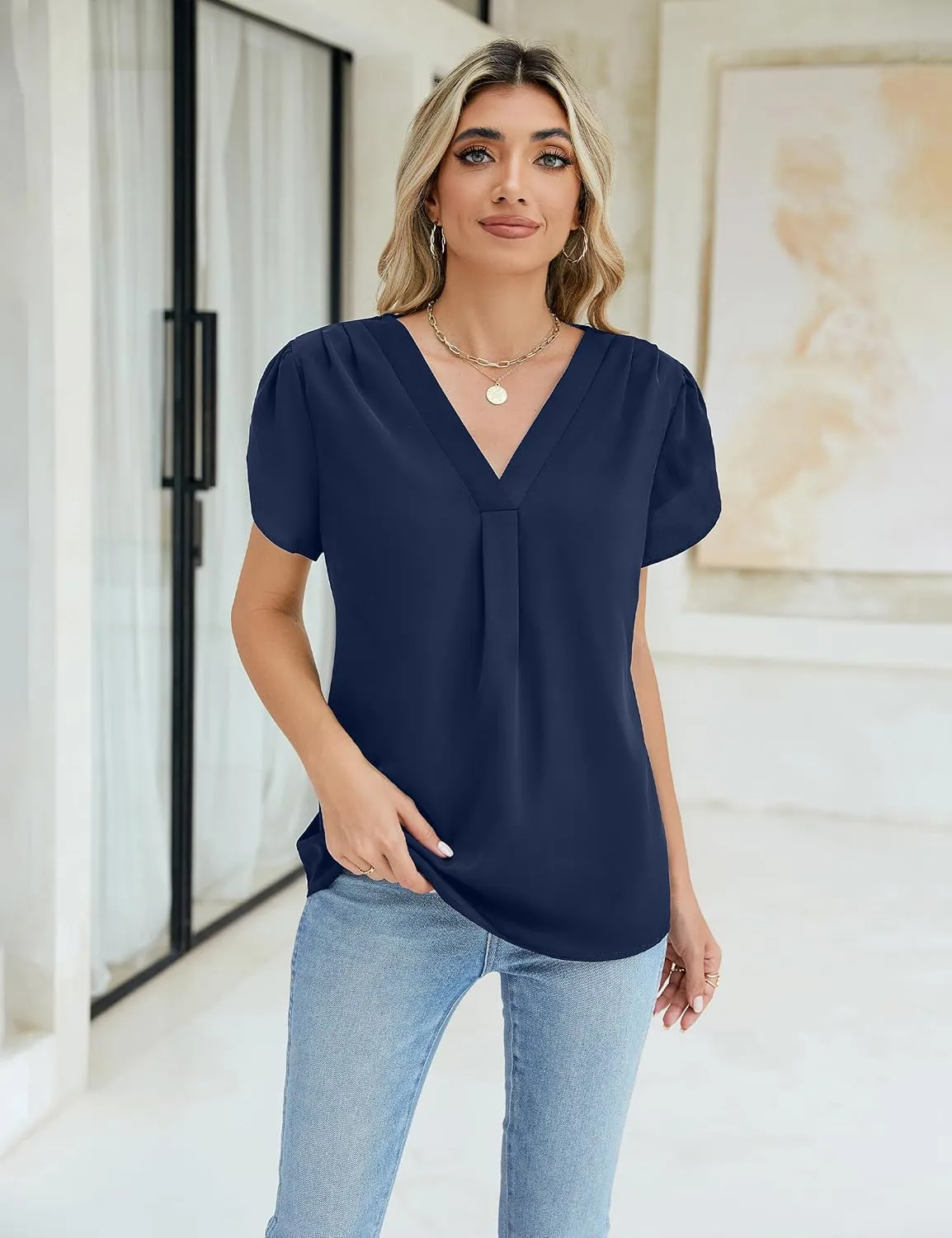 BMJL Women's Dressy Casual Blouses White Business Work Tops Petal Short Sleeve V Neck T Shirt Summer Outfits 2024