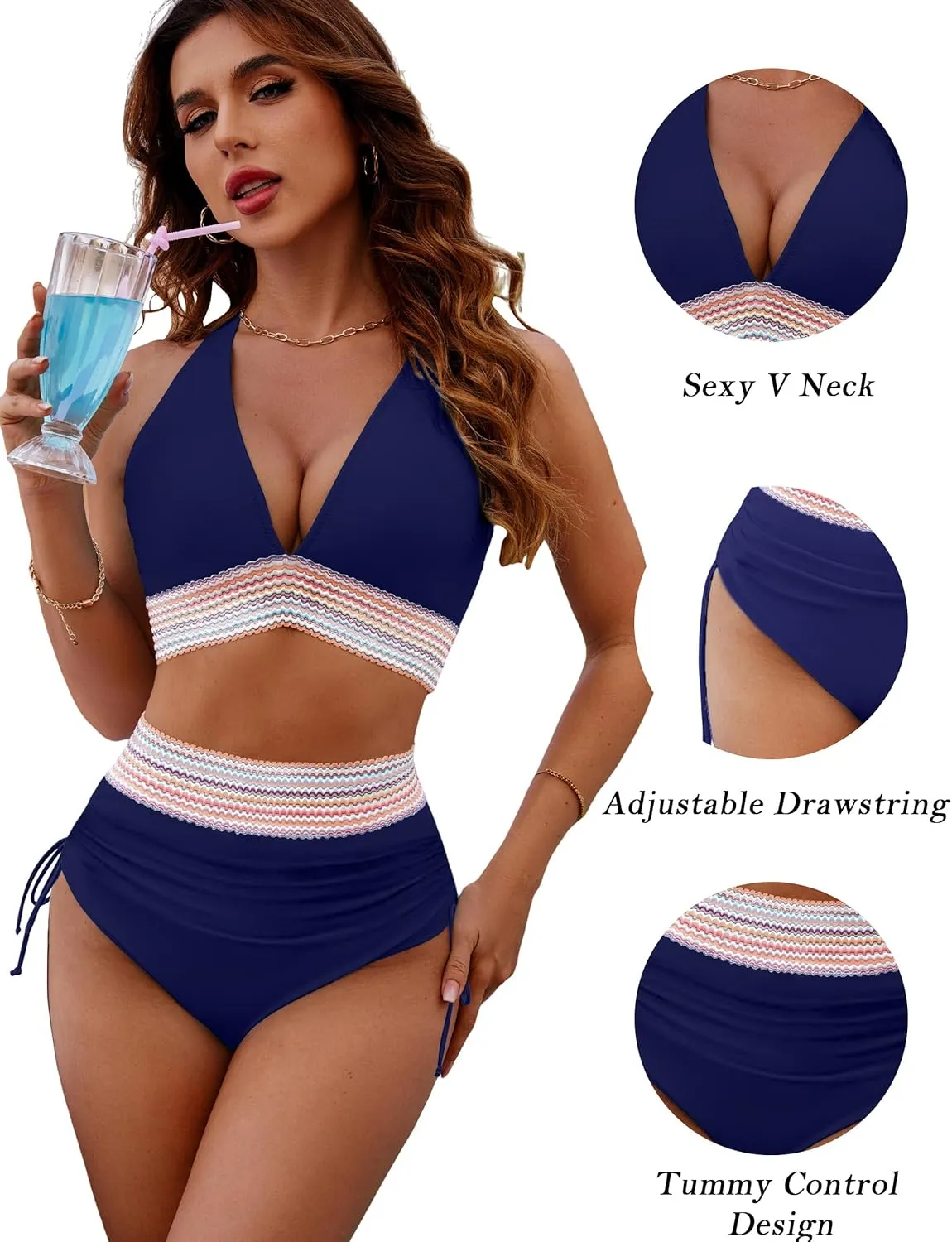 BMJL Womens High Waisted Bikini Sets Tummy Control Swimsuits Sexy V Neck Two Piece Bathing Suits 2024