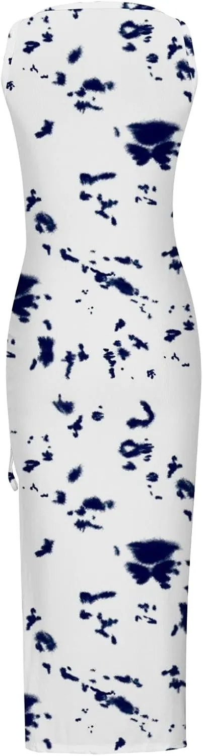 Bodycon Dresses for Women Summer Sexy Sleeveless Side Split Tank Dress Ruched Drawstring Club Going Out Midi Dresses