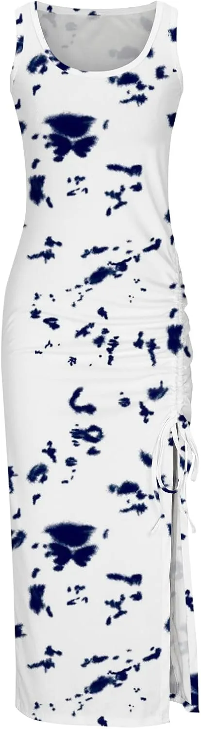 Bodycon Dresses for Women Summer Sexy Sleeveless Side Split Tank Dress Ruched Drawstring Club Going Out Midi Dresses