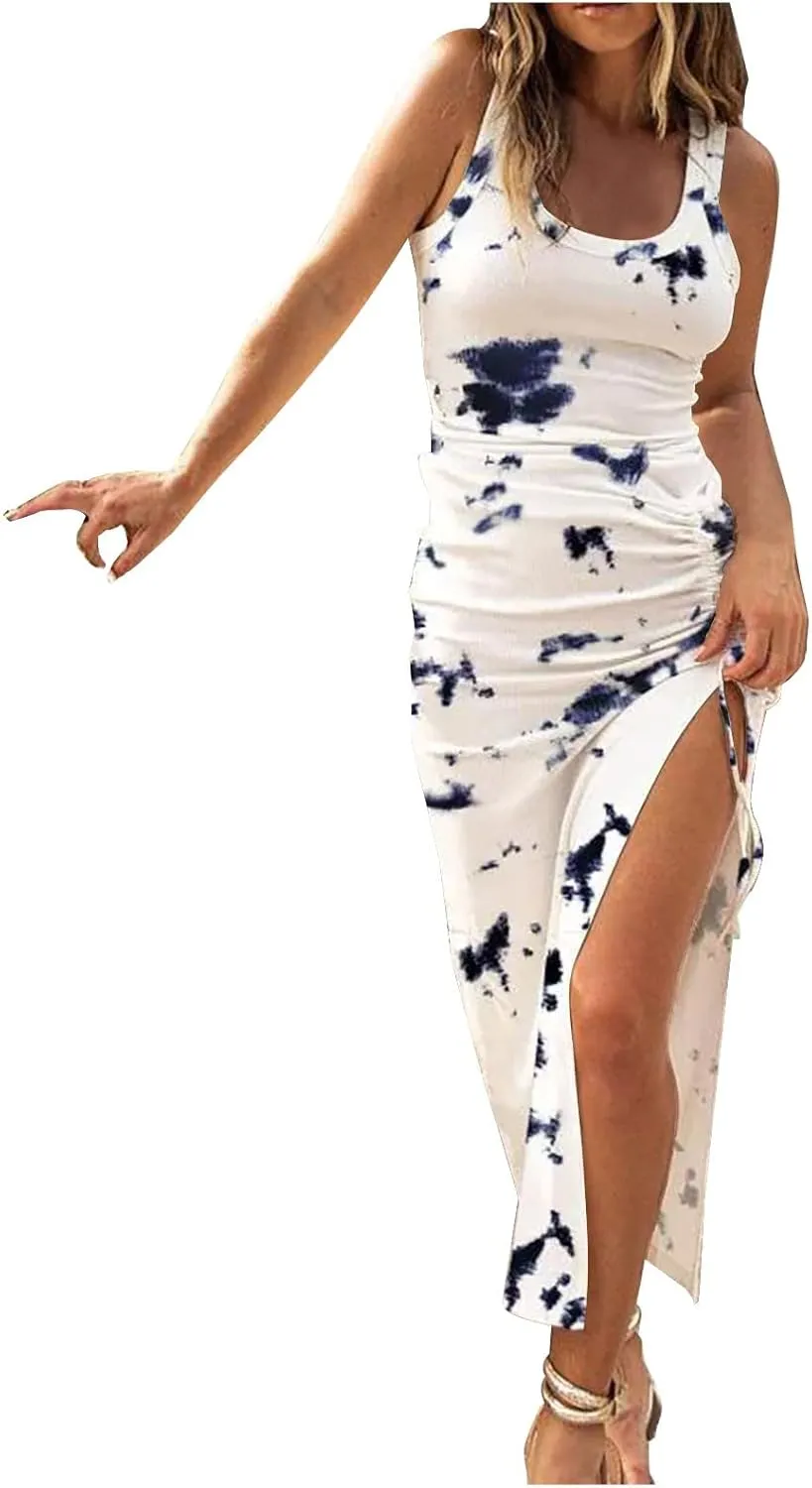 Bodycon Dresses for Women Summer Sexy Sleeveless Side Split Tank Dress Ruched Drawstring Club Going Out Midi Dresses