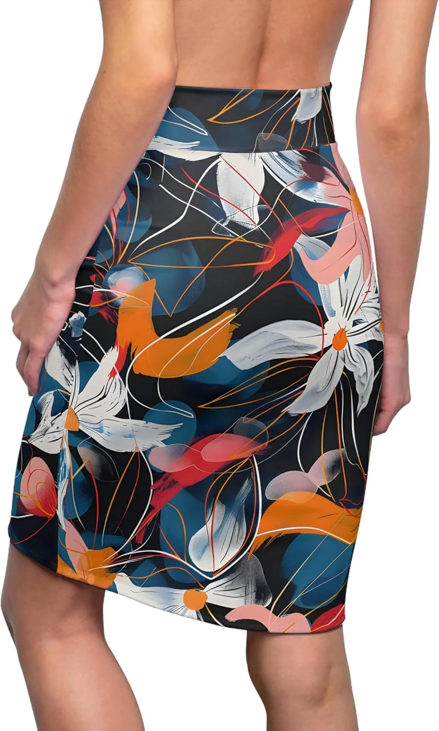 Bold Floral Print Women's Pencil Skirt  Mid-Waist, Body-Hugging Fit, Vibrant AOP Design  Office to Evening Wear
