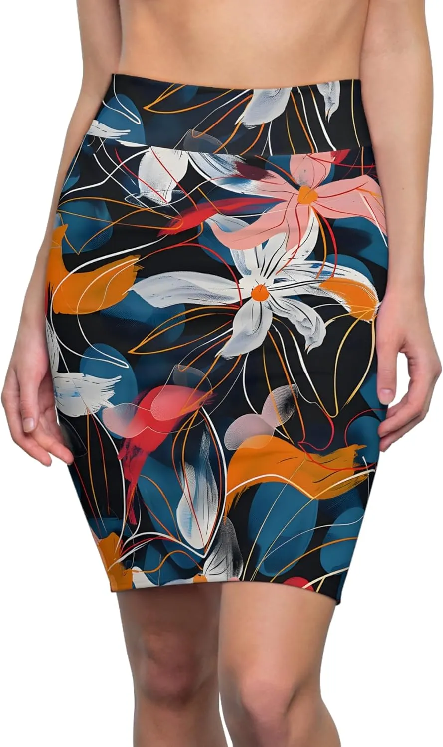 Bold Floral Print Women's Pencil Skirt  Mid-Waist, Body-Hugging Fit, Vibrant AOP Design  Office to Evening Wear