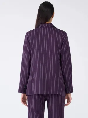 Bold Purple & White Striped Double Breasted Blazer for Women, Viscose-Suiting, Notch Lapel, Full Sleeve