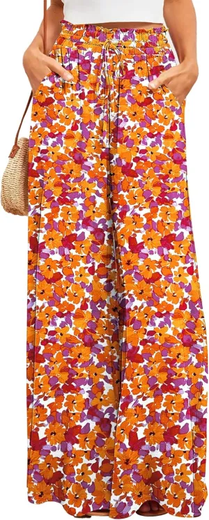 Bsubseach 2025 Wide Leg Pants Women Casual Palazzo Dressy Flowy Beach Summer Vacation Outfits Boho Pant with Pockets Orange Floral S