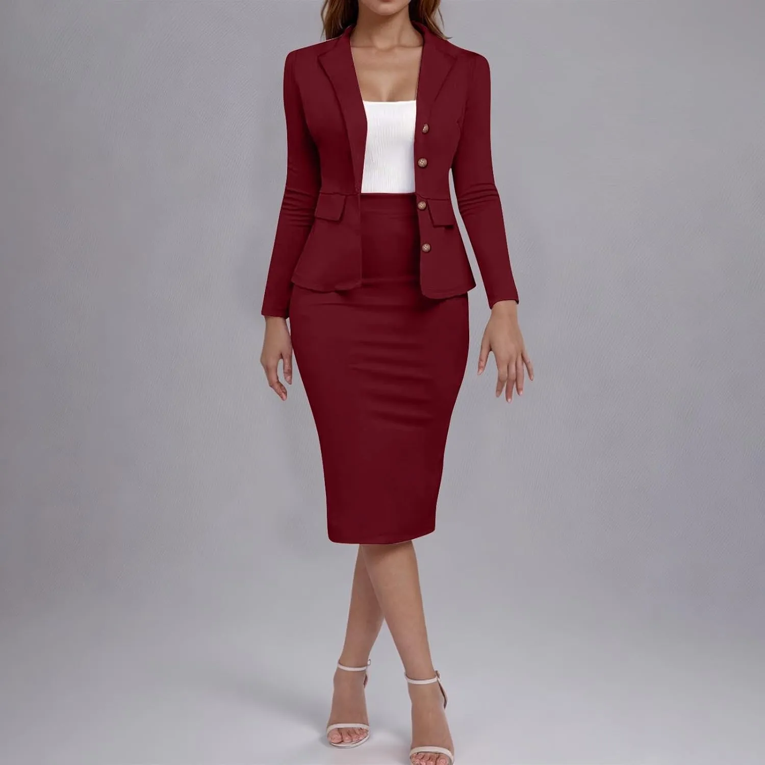 Business Skirt Suit Set for Women Work Office Long Sleeve Blazer and Pencil Skirt Sexy Ladies 2 Piece Outfits