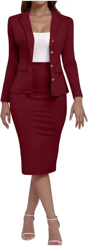 Business Skirt Suit Set for Women Work Office Long Sleeve Blazer and Pencil Skirt Sexy Ladies 2 Piece Outfits