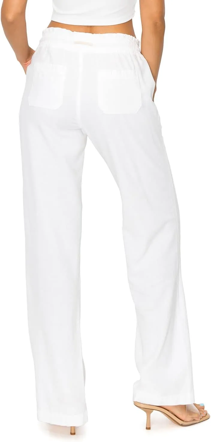 Cali1850 Women's Casual Linen Pants - 29", 32" Oceanside Drawstring Smocked Waist Beach Lounge Trousers with Pockets