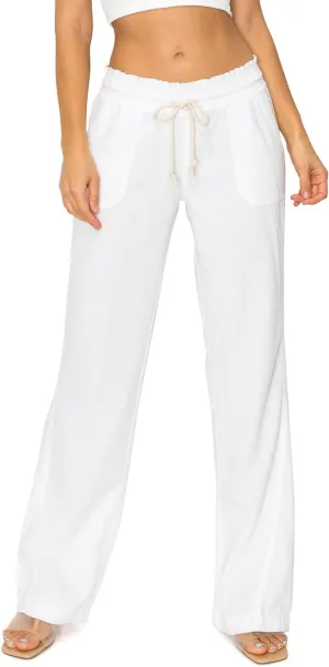 Cali1850 Women's Casual Linen Pants - 29", 32" Oceanside Drawstring Smocked Waist Beach Lounge Trousers with Pockets