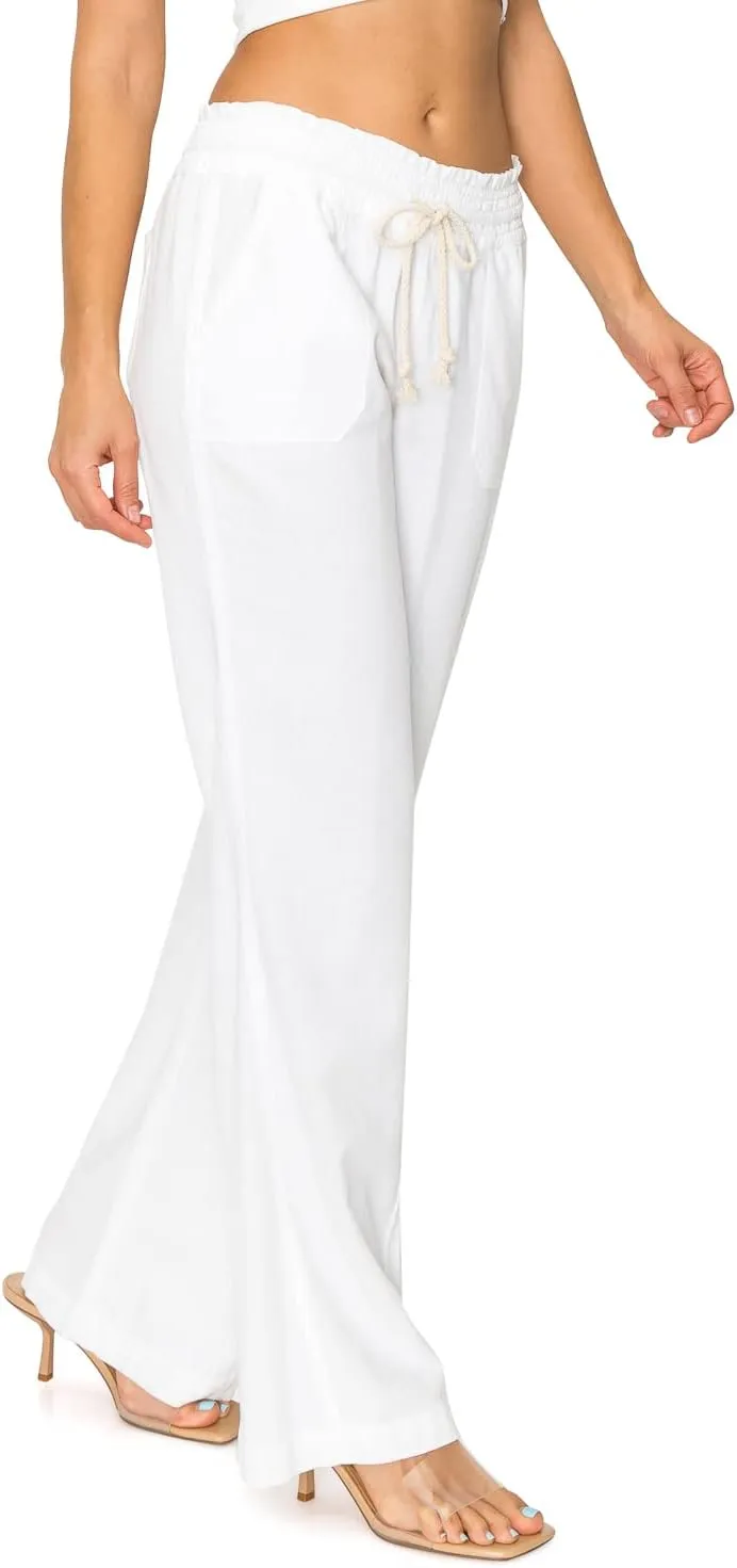Cali1850 Women's Casual Linen Pants - 29", 32" Oceanside Drawstring Smocked Waist Beach Lounge Trousers with Pockets