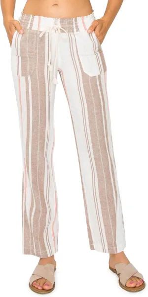 Cali1850 Women's Print Linen Pants - 32" Inseam Oceanside Drawstring Smocked Waist Casual Lounge Beach Trousers with Pockets