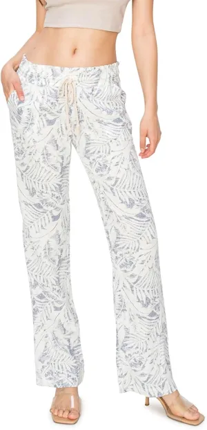 Cali1850 Women's Print Linen Pants - 32" Inseam Oceanside Drawstring Smocked Waist Casual Lounge Beach Trousers with Pockets