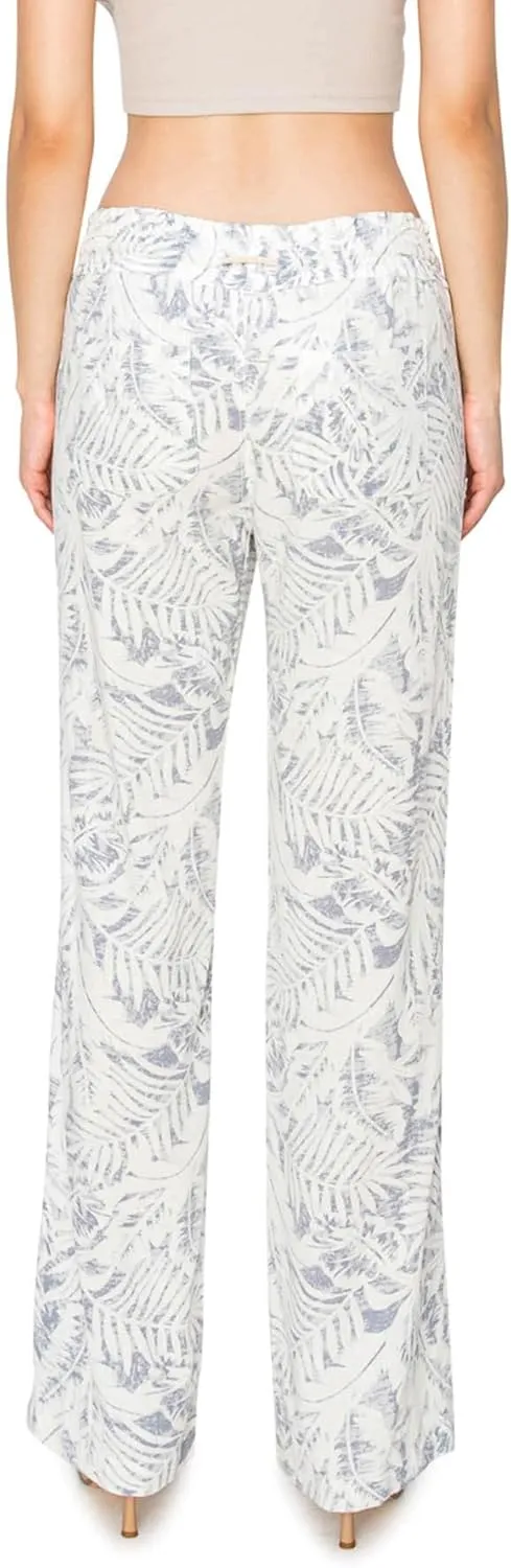 Cali1850 Women's Print Linen Pants - 32" Inseam Oceanside Drawstring Smocked Waist Casual Lounge Beach Trousers with Pockets