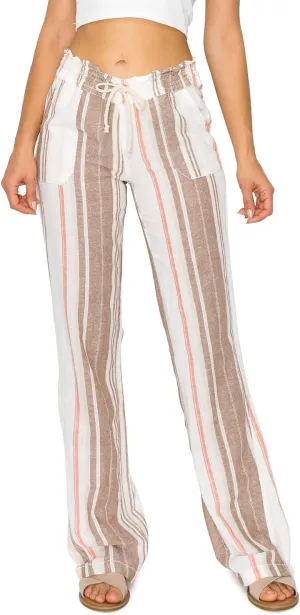 Cali1850 Women's Print Linen Pants - 32" Inseam Oceanside Drawstring Smocked Waist Casual Lounge Beach Trousers with Pockets