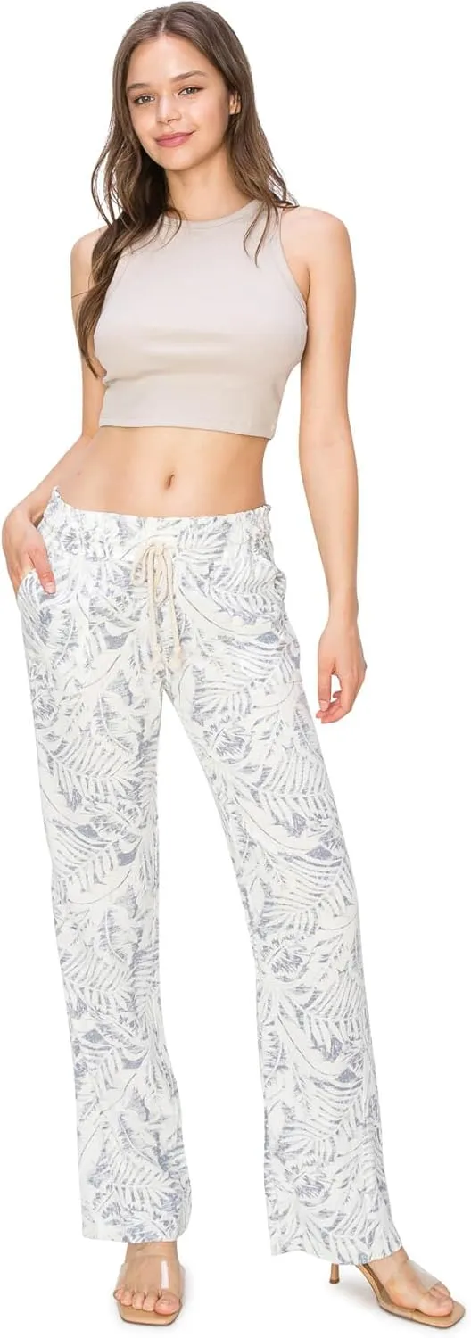 Cali1850 Women's Print Linen Pants - 32" Inseam Oceanside Drawstring Smocked Waist Casual Lounge Beach Trousers with Pockets