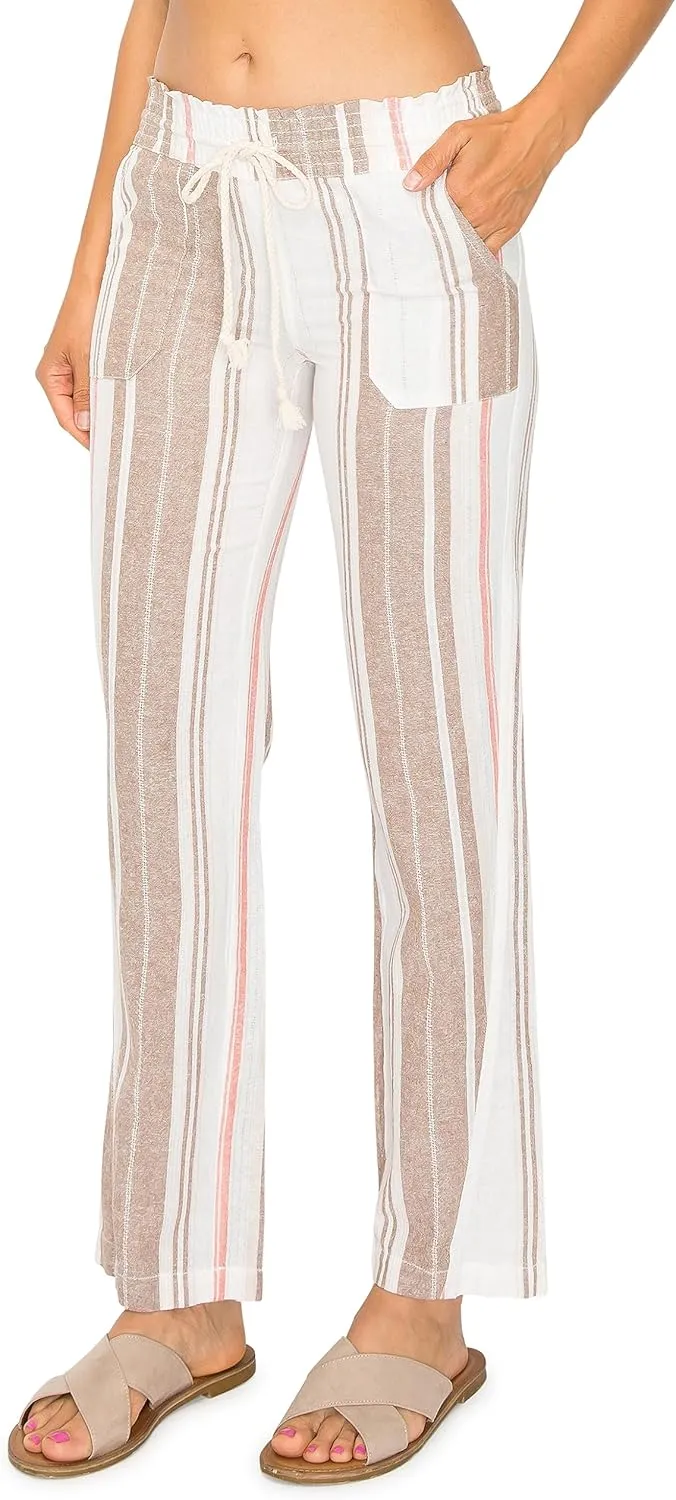 Cali1850 Women's Print Linen Pants - 32" Inseam Oceanside Drawstring Smocked Waist Casual Lounge Beach Trousers with Pockets