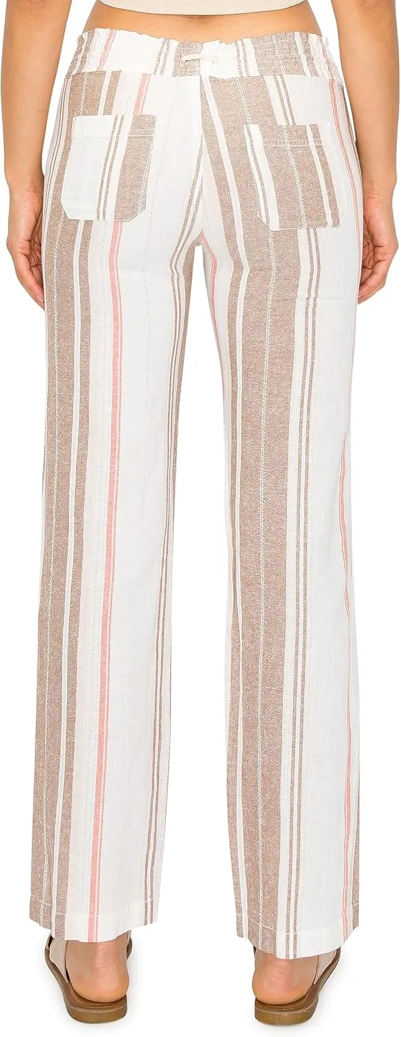 Cali1850 Women's Print Linen Pants - 32" Inseam Oceanside Drawstring Smocked Waist Casual Lounge Beach Trousers with Pockets