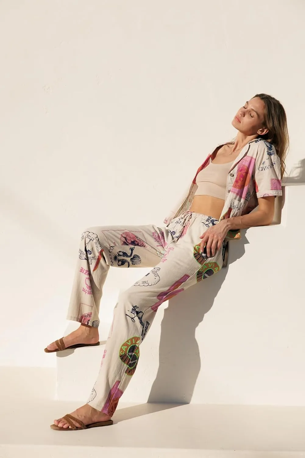 Cali1850 Women's Printed Linen Pants - 30" Inseam Drawstring Elastic Waist Casual Pull On Beach Lounge Trousers with Pockets