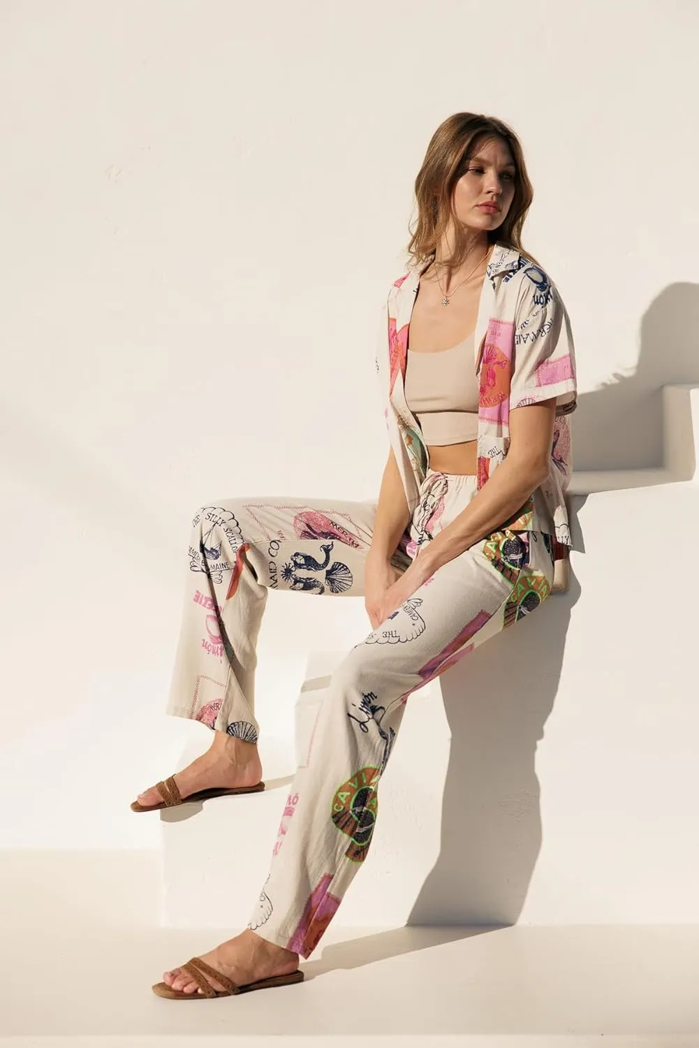 Cali1850 Women's Printed Linen Pants - 30" Inseam Drawstring Elastic Waist Casual Pull On Beach Lounge Trousers with Pockets