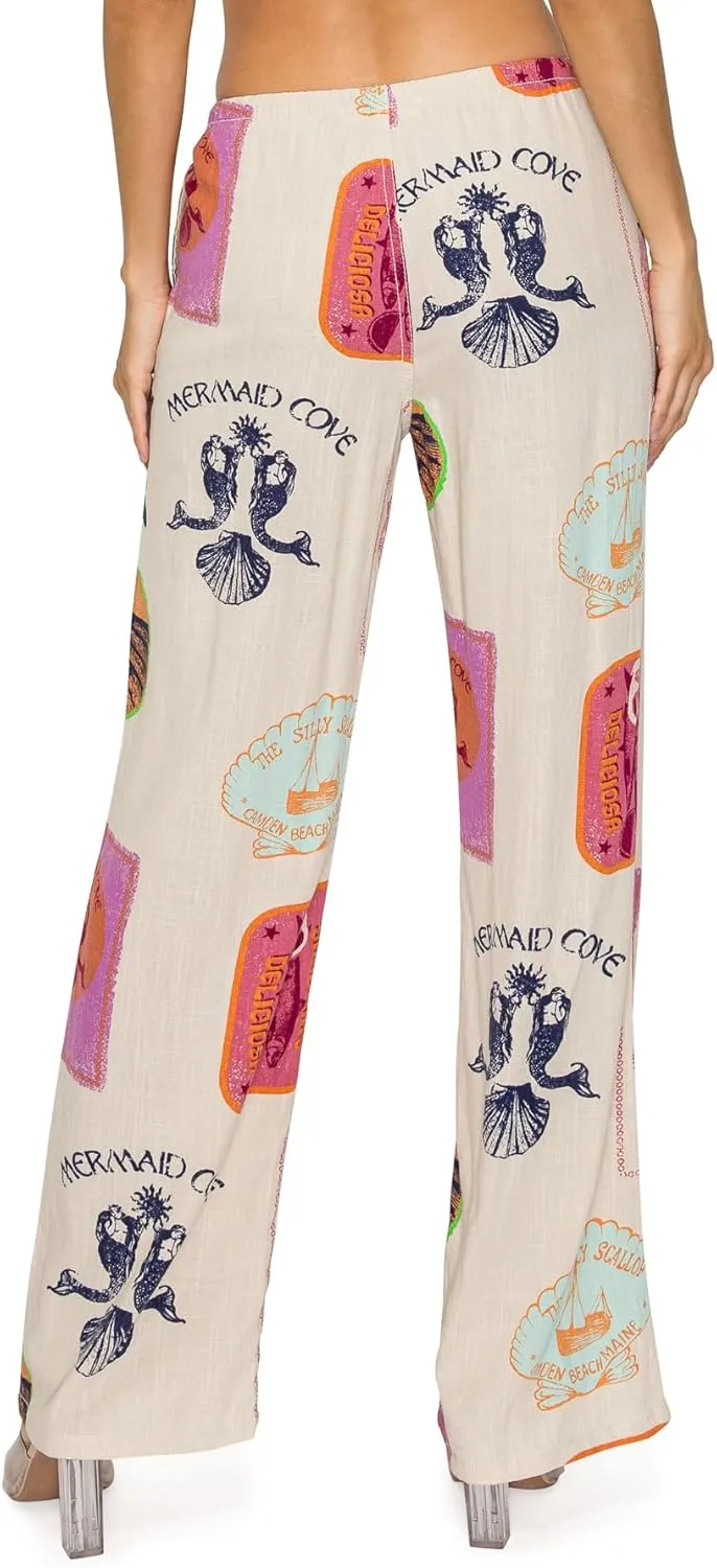 Cali1850 Women's Printed Linen Pants - 30" Inseam Drawstring Elastic Waist Casual Pull On Beach Lounge Trousers with Pockets