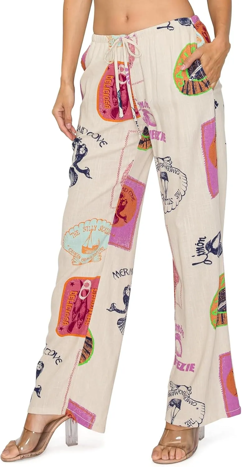 Cali1850 Women's Printed Linen Pants - 30" Inseam Drawstring Elastic Waist Casual Pull On Beach Lounge Trousers with Pockets