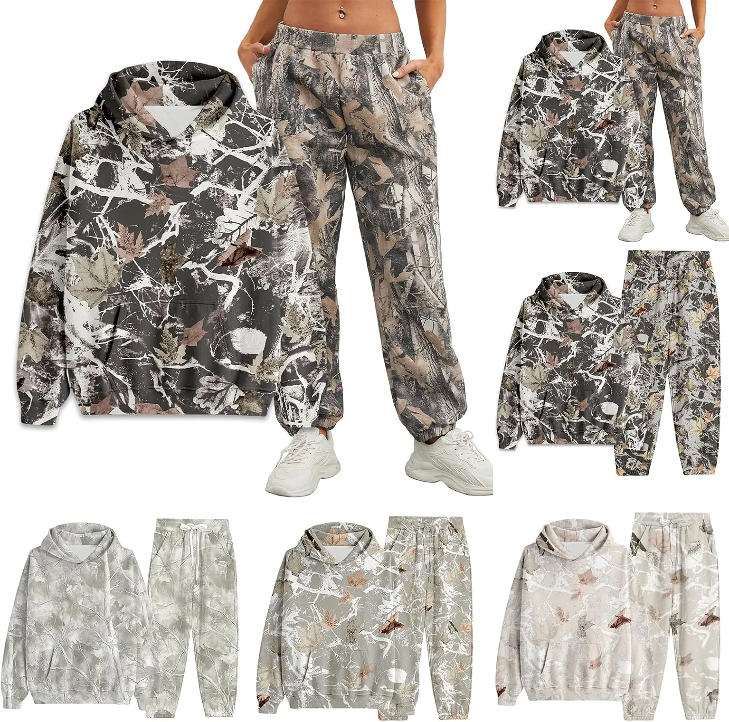 Camo Sweat Set for Women 2 Piece Hoodie Sets Maple Leaf Print Oversized Sweatshirt Sweatpants Fall Outfits