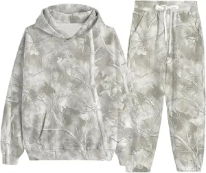Camo Sweat Set for Women 2 Piece Hoodie Sets Maple Leaf Print Oversized Sweatshirt Sweatpants Fall Outfits