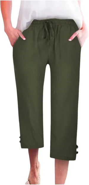 Capri Pants for Women Seven Eighth Length Casual Trousers Side Pockets Split Hem Lightweight Linen Blend