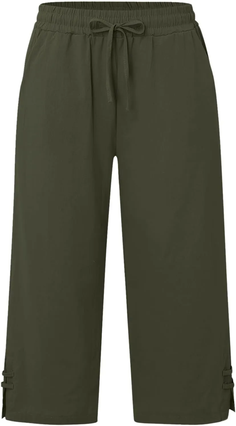 Capri Pants for Women Seven Eighth Length Casual Trousers Side Pockets Split Hem Lightweight Linen Blend