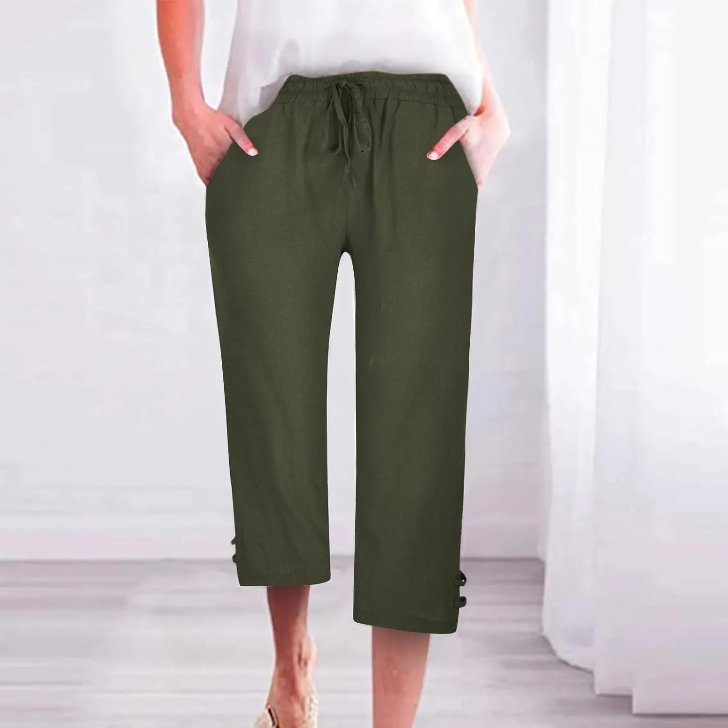Capri Pants for Women Seven Eighth Length Casual Trousers Side Pockets Split Hem Lightweight Linen Blend