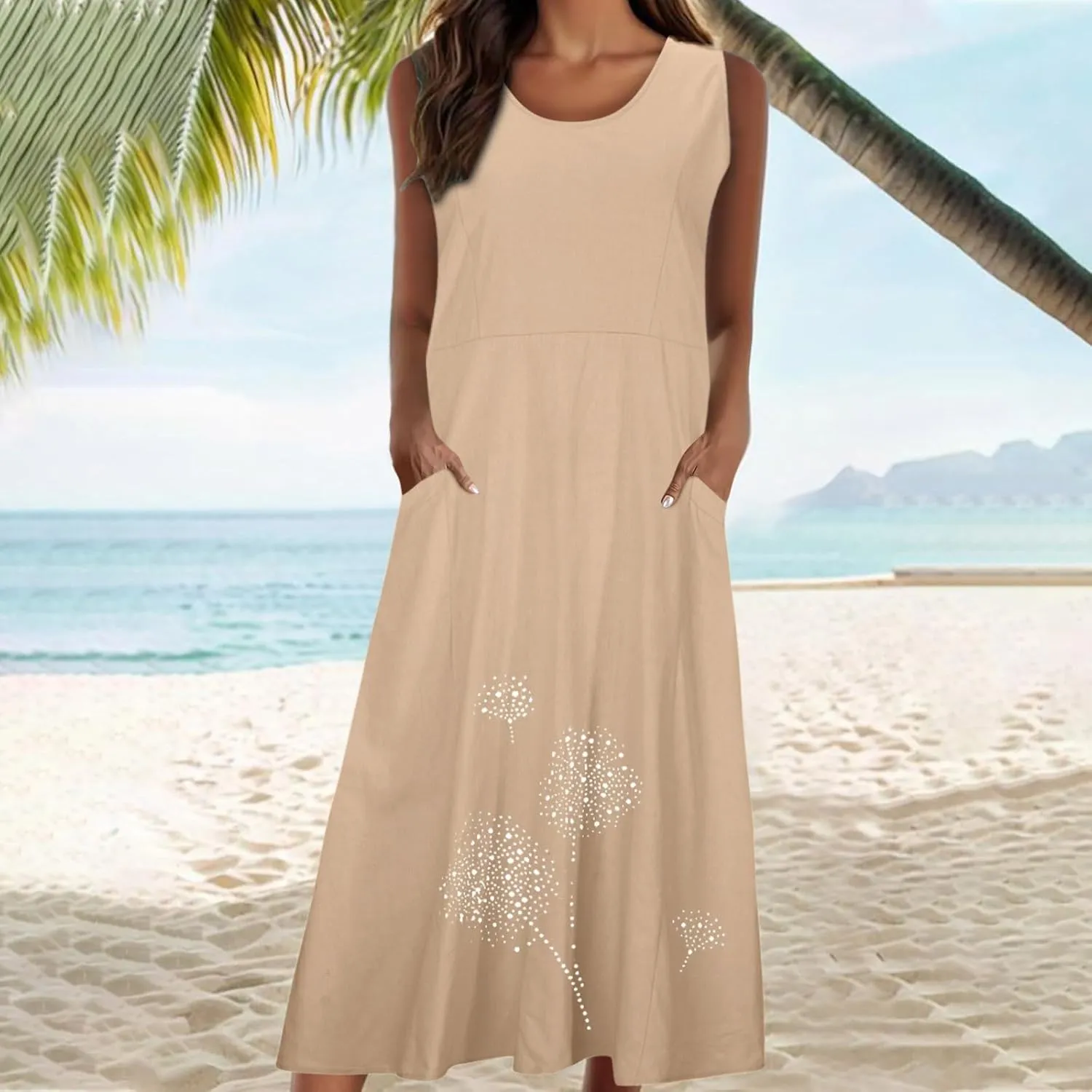 Casual Summer Dresses for Women 2024 Plus Size Sleeveless Flowy Beach Long Dress Dandelion Print Tank Sun Dresses